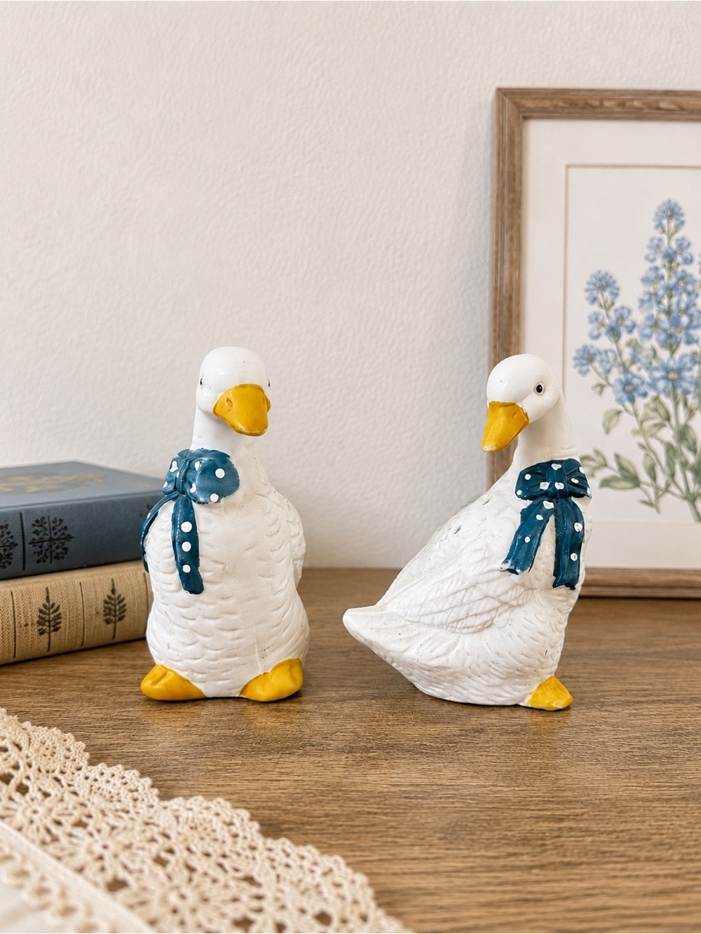 Ceramic Goose Salt & Pepper Shakers Blue Polka Dot Bows
